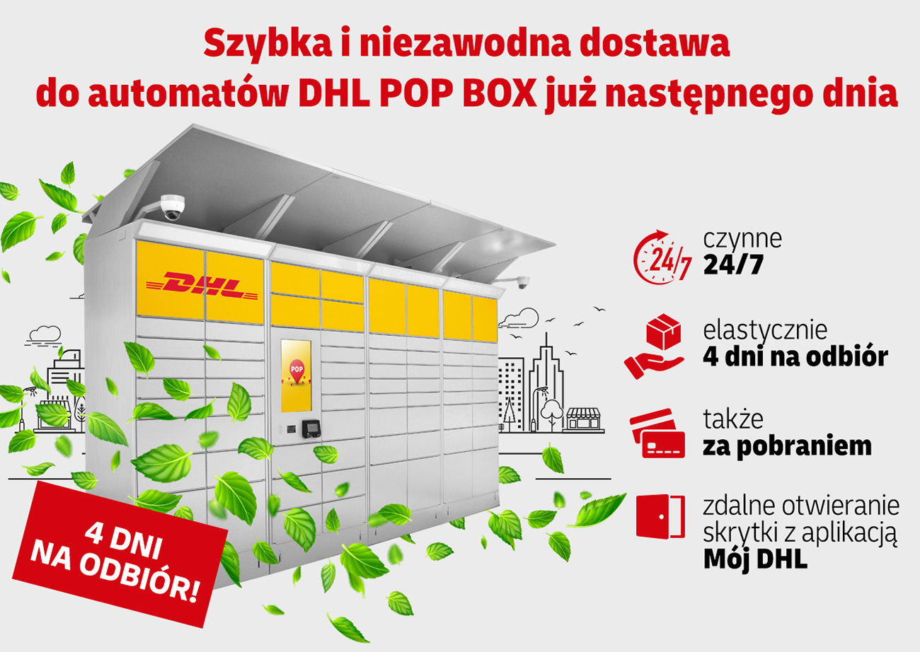 Szybka i niezawodna dostawa do automatów DHL POP BOX już następnego dnia. Czynne 24/7. Elastycznie 4 dni na odbiór. Także za pobraniem. Zdalne otwieranie skrytki z aplikacją Mój DHL.